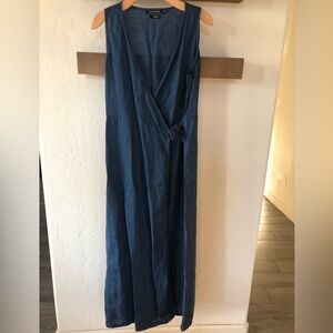 Blue Linen true wrap midi dress, sleeveless•••Large, Monoprix Femme—Feminine